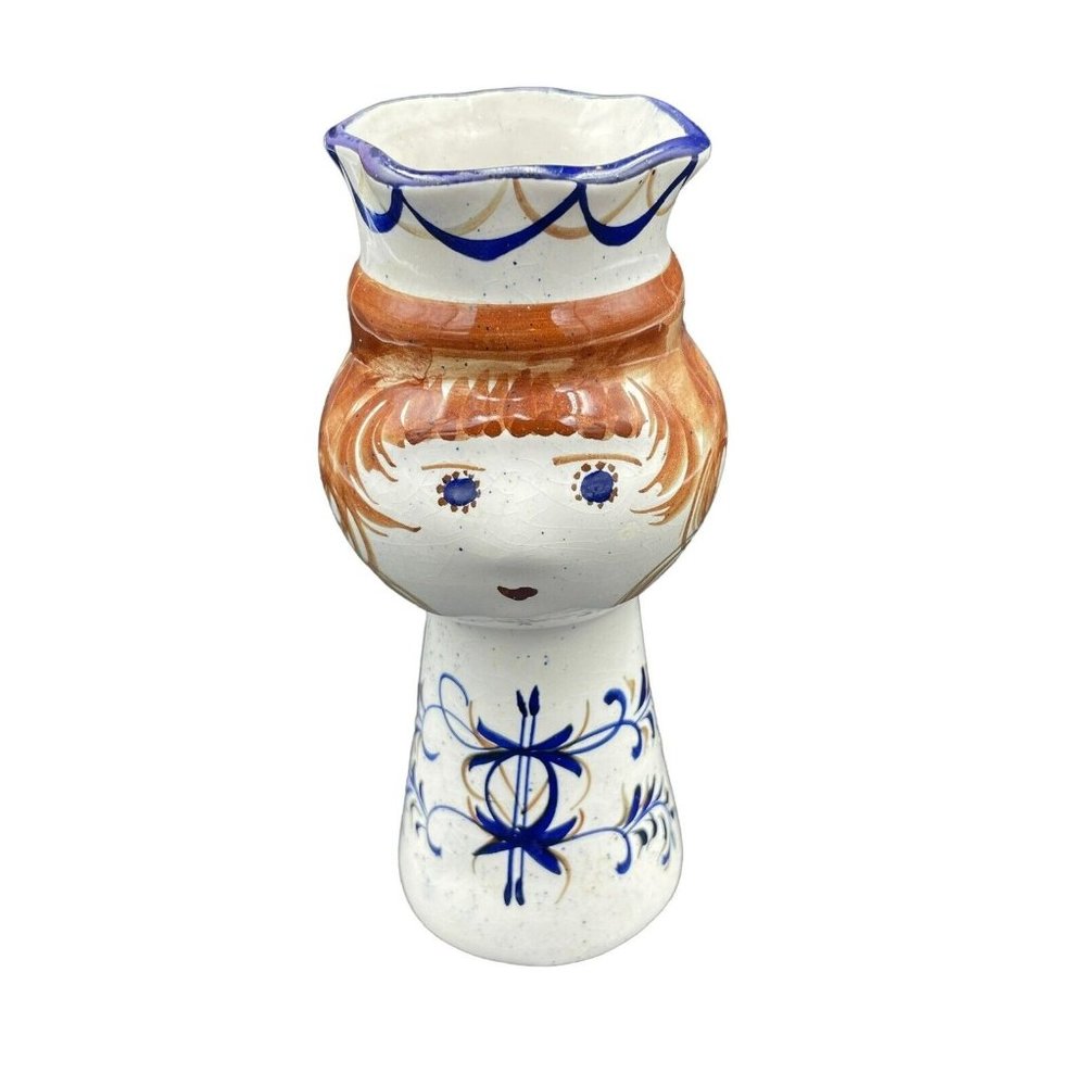 Ceramic Girl Vase Brown Hair Blue White Designs Made in Portugal 7”